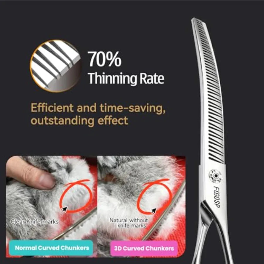 Professional 3D Curved Chunkers Dog Grooming Scissors 7.5in Magic Thinning Shears for Dogs Pet Cat Light Cutting Feel No Marks