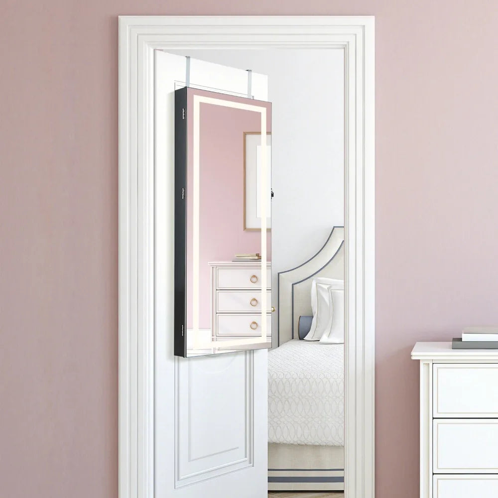 LED Mirror Jewelry Cabinet Wall/Door Mounted Organizer Armoire Black