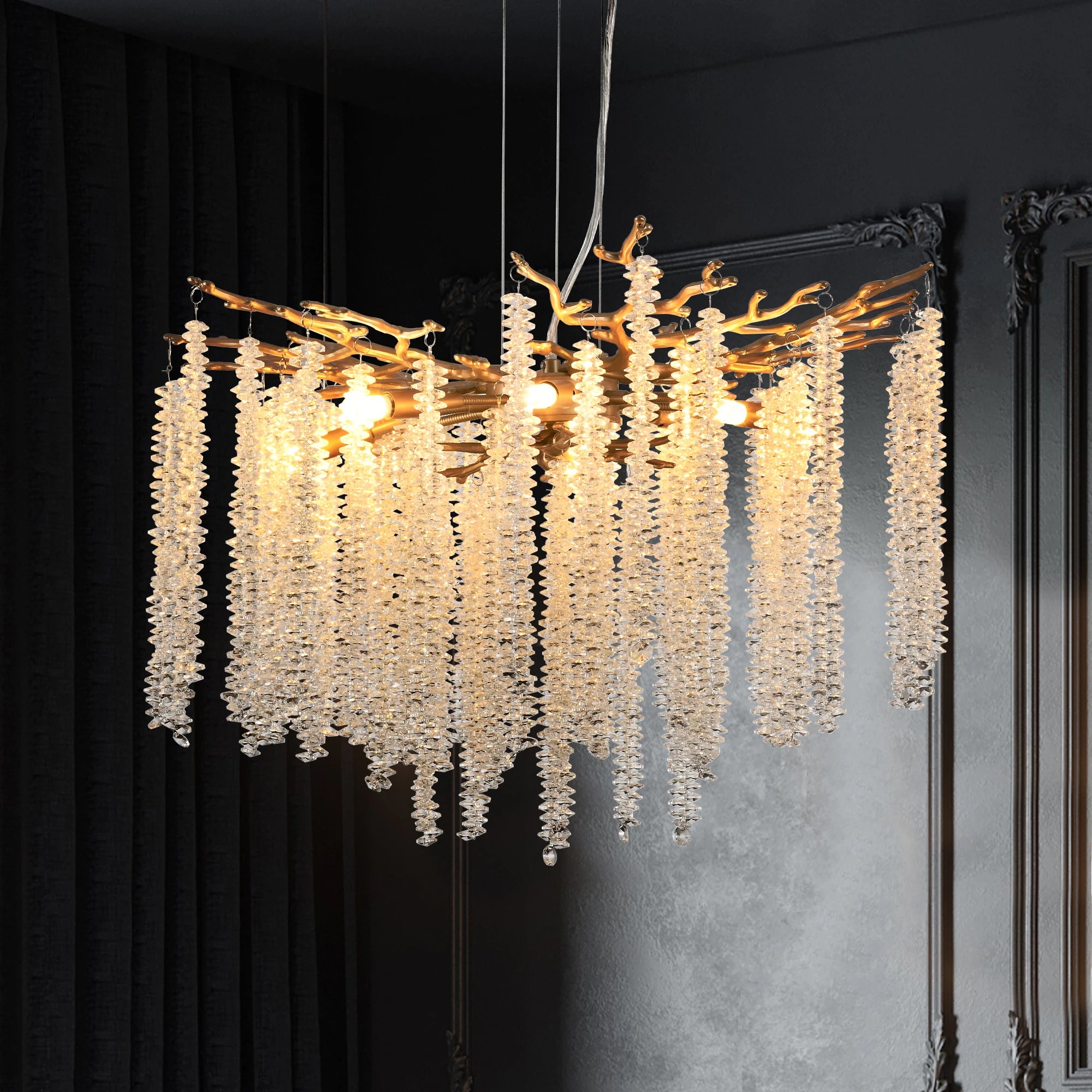23.6-inch Modern Golden Pendant Light with Cascading Crystal Strands, High-End Decorative Lighting Fixture (Bulb Not Included)