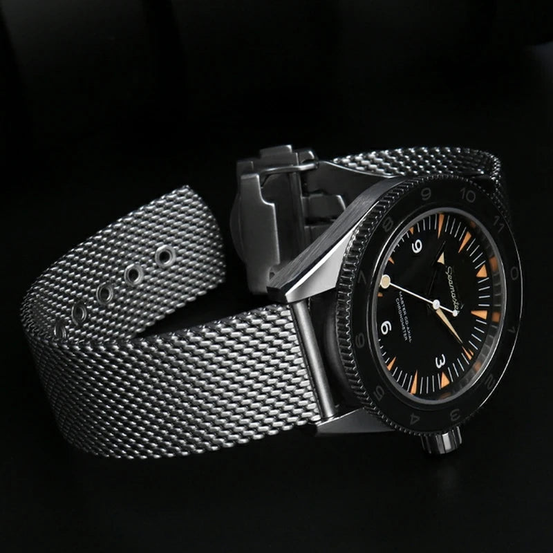 20mm Mesh Stainless Steel Watch Strap Folding Butterfly Buckle Quick Release Metal Band Man Bracelet for 007 Seamaster