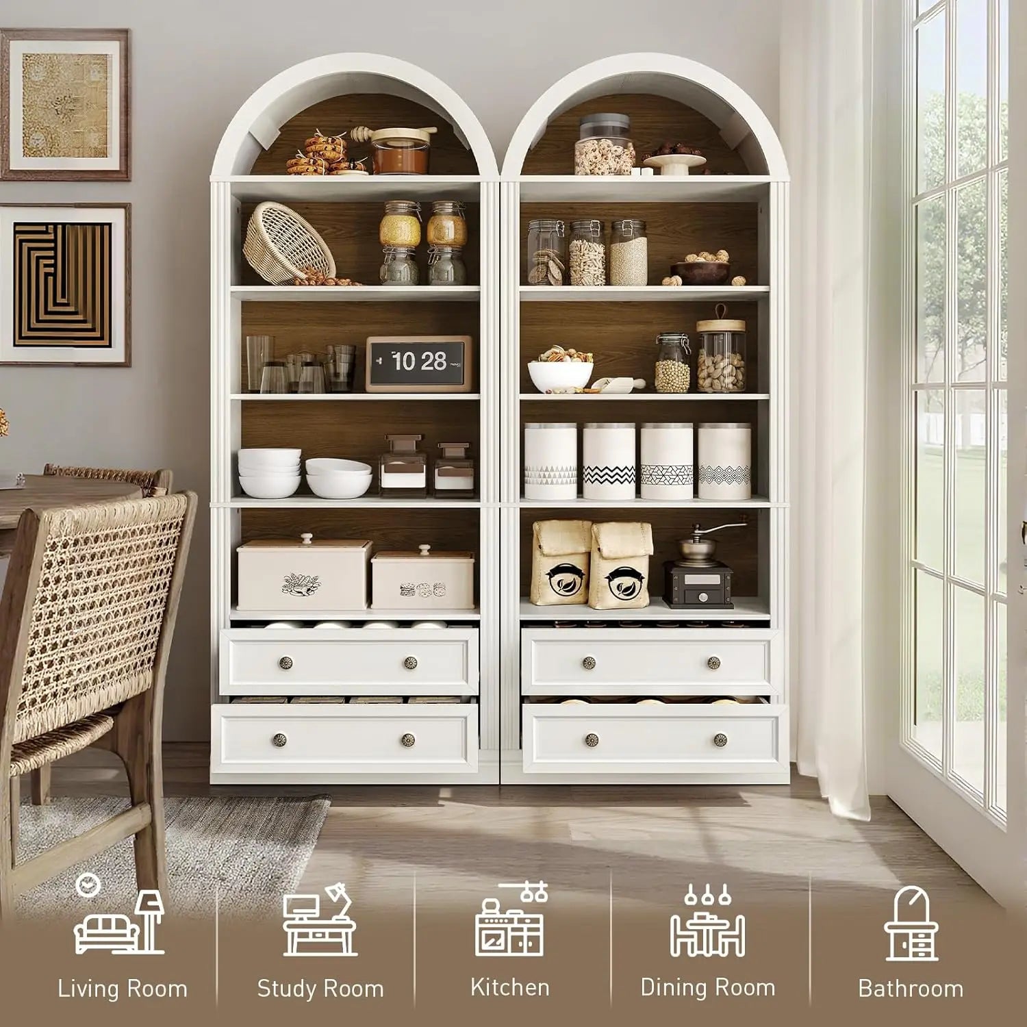 Farmhouse Arched Bookshelf, 7 Tiers Arch Bookcase with 2 Spacious Drawers, Modern Book Shelf with Open Display, Customized