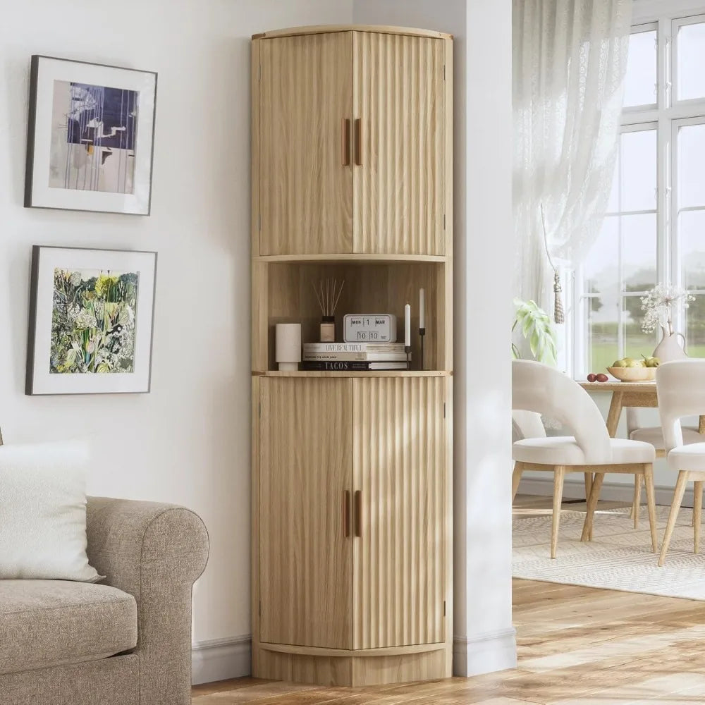 Maupvit 68 Tall Corner Storage Cabinet with 4 Doors and 5 Shelves, Modern Fluted Storage Cabinets, Corner Pantry Hutch Cupboard