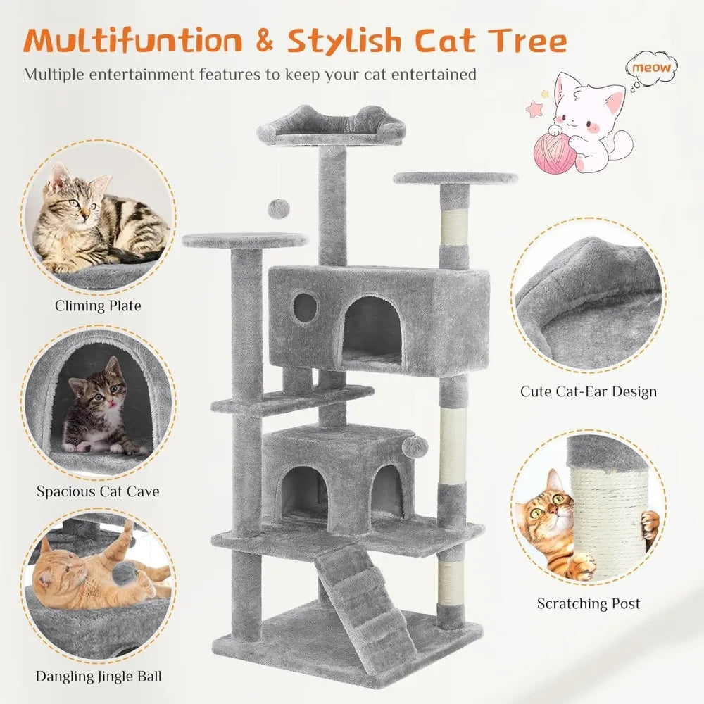 54-Inch Multi-Level Cat Tree Tower with Scratching Post, Climbing Ladder, Plush Toy, and Play House in Light Grey