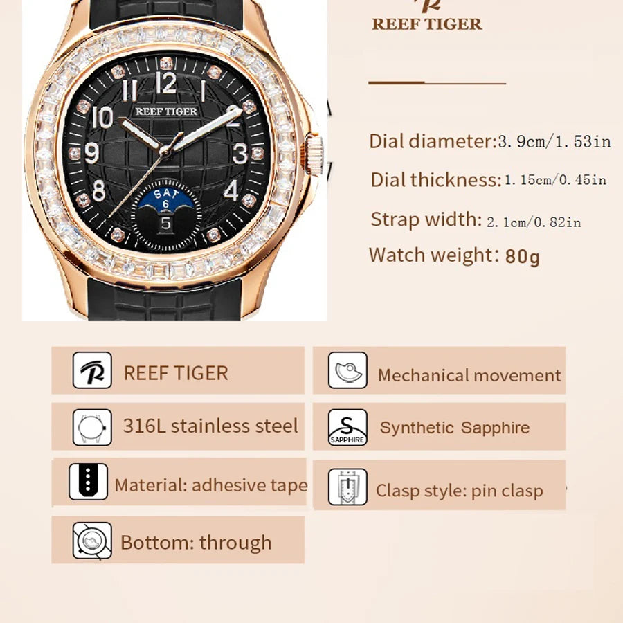 reef tiger Men's Mechanical Watch, Fully automatic multi-functional Double calendar Business men's watch, Business men's clock R
