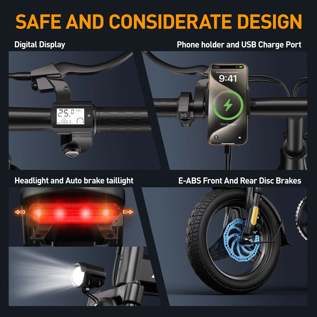 14" Folding Electric Motorcycles E Bike For Adults, 400W Peak Motor Ebike 19.9Mph 48V 10.3AH 15.3AH Electric Mountain Bicycle