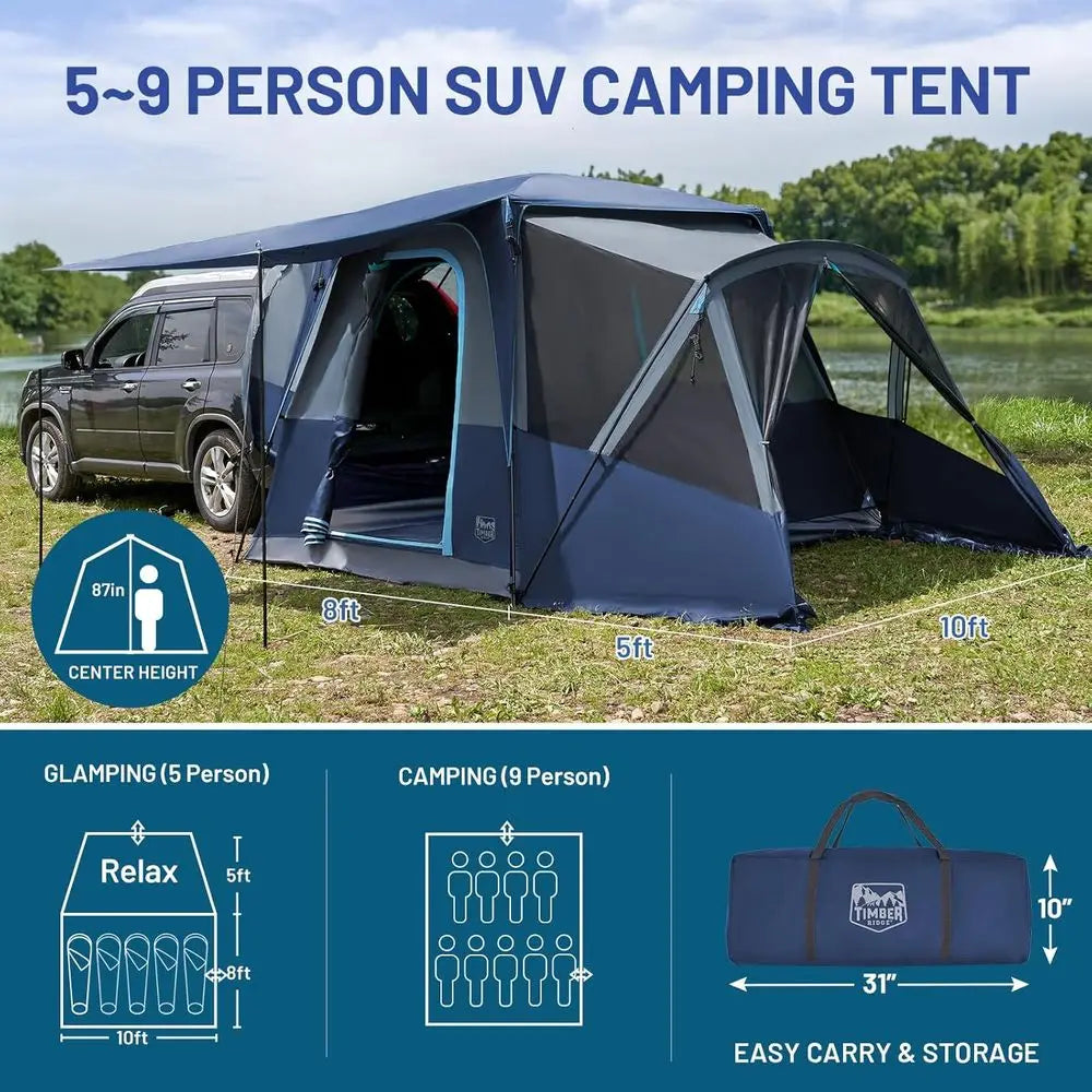 Family Camping SUV Tent: 5-9 Person, Weather-Resistant with Screen Porch and Awning, Portable for Van or Car, Includes Rainfly a