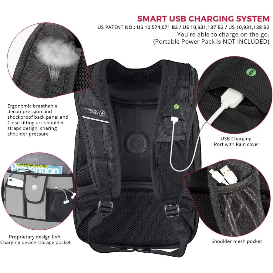 Swissdigital Design Large Travel Backpack For Men TSA-Friendly Business Laptop Backpack USB Charging Port RFID Protection Tech