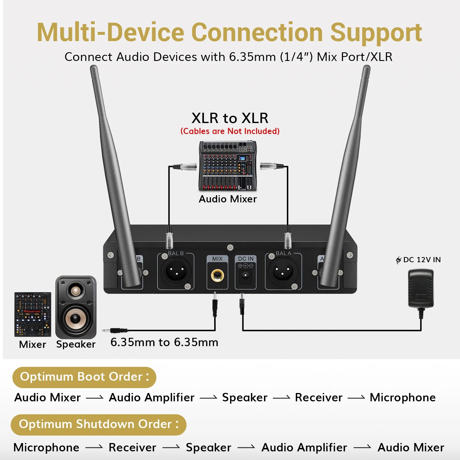 Wireless Microphone System, Professional Metal Cordless Karaoke Microphones, Handheld Dynamic Mic Set with Receiver, TW820