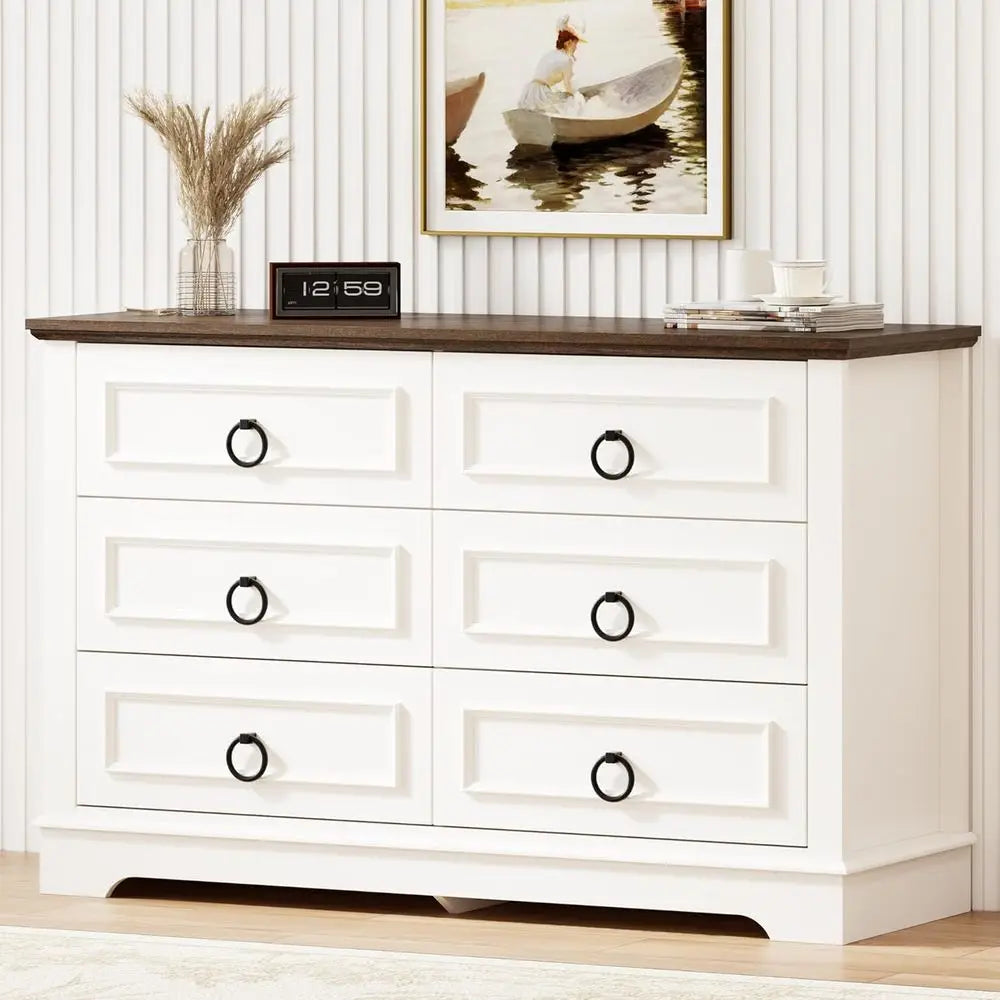 Modern 6-Drawer White Rustic Bedroom Dresser with Round Metal Handles and Thickened Top
