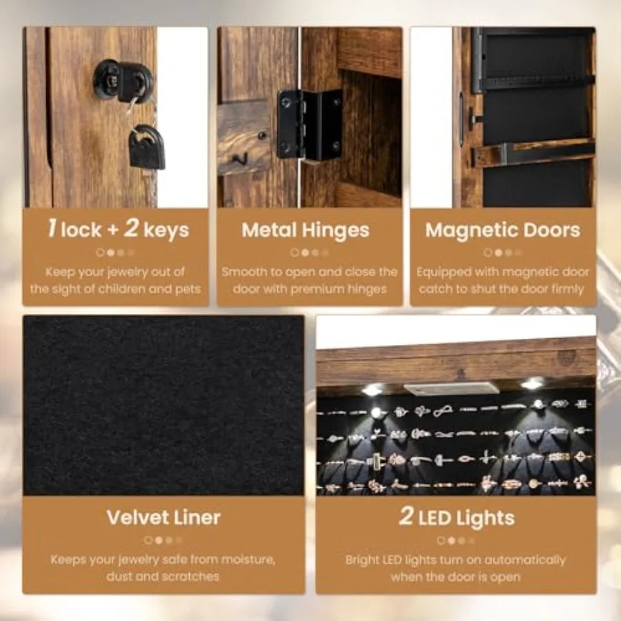 2 LEDs Full Length Mirror with Jewelry Armoire Jewelry Organizers and Storage with 2 Mounting Options 47.5 H Jewelry Cabinet wi