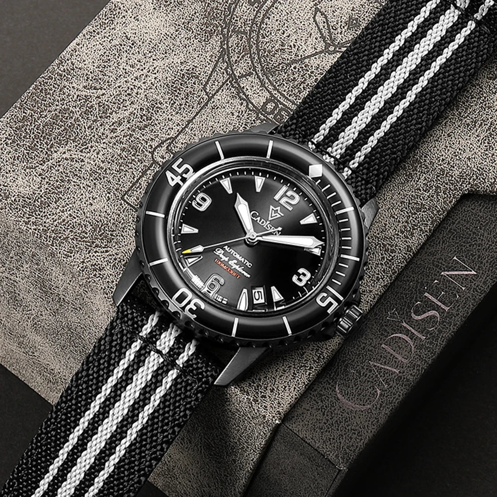 CADISEN Deep Explorer Automatic Mechanical Watch Man Canvas Strap Wristwatch MIYOTA 8215 Luxury Luminous 100M Waterproof Watches