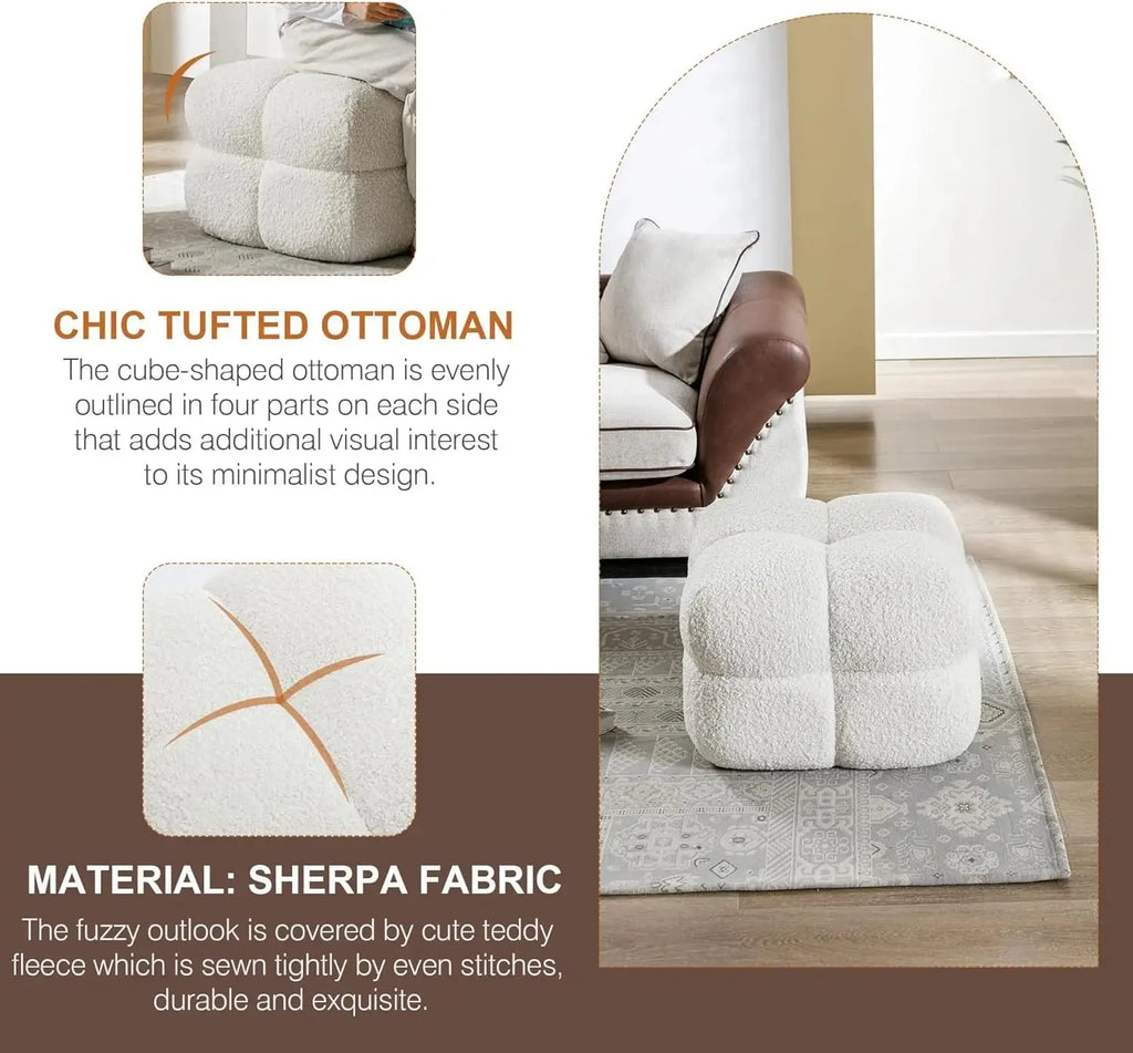 Modern Square Pouf Ottoman, White Upholstered Tufted Cube Stool for Living Room, Fuzzy Sherpa Foot Rest