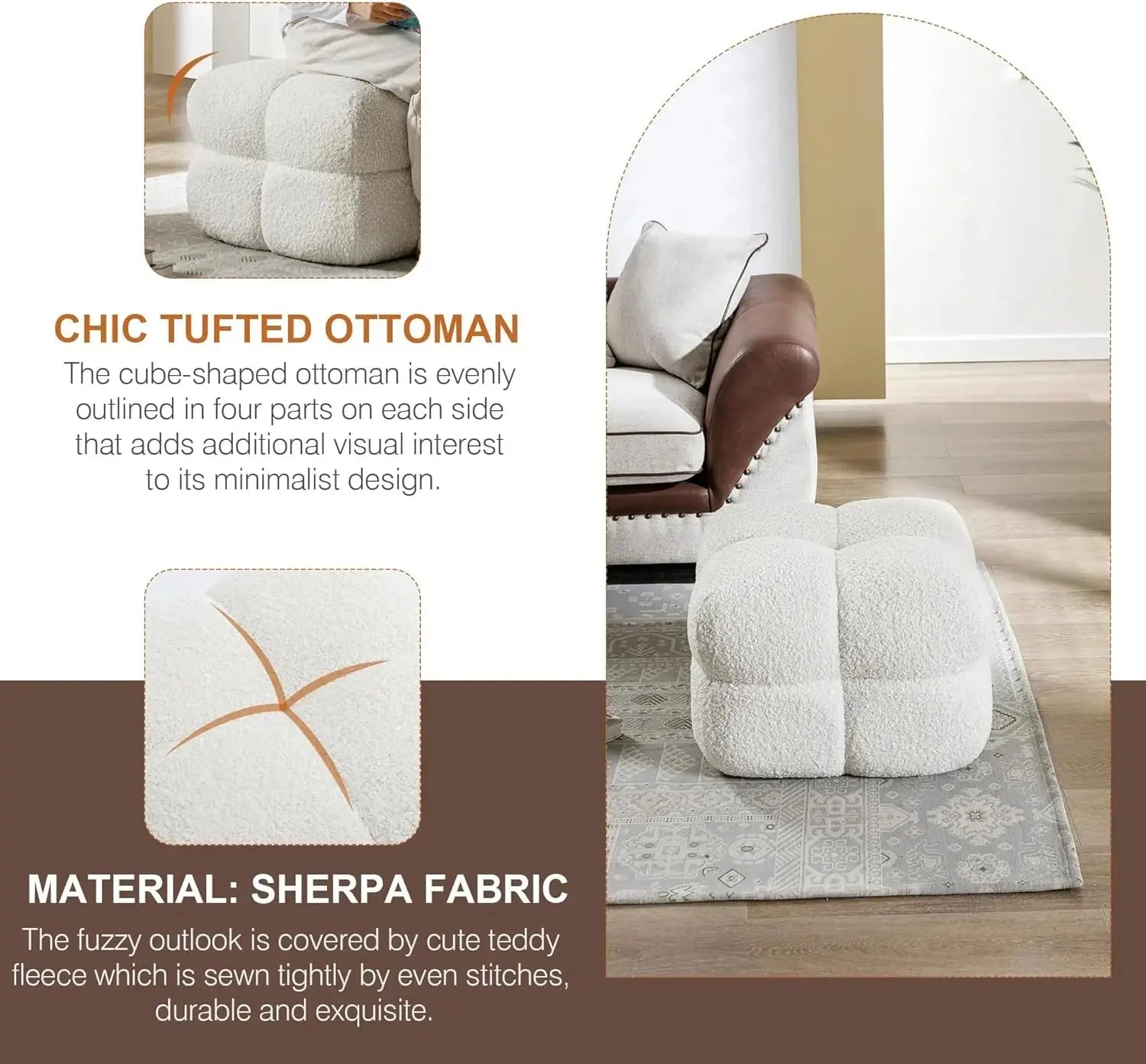 Modern Square Pouf Ottoman, White Upholstered Tufted Cube Stool for Living Room, Fuzzy Sherpa Foot Rest