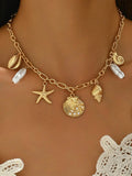 Gold Chain Necklace with Starfish, Shell & Faux Pearl Charms for Women Summer Vacation Jewelry