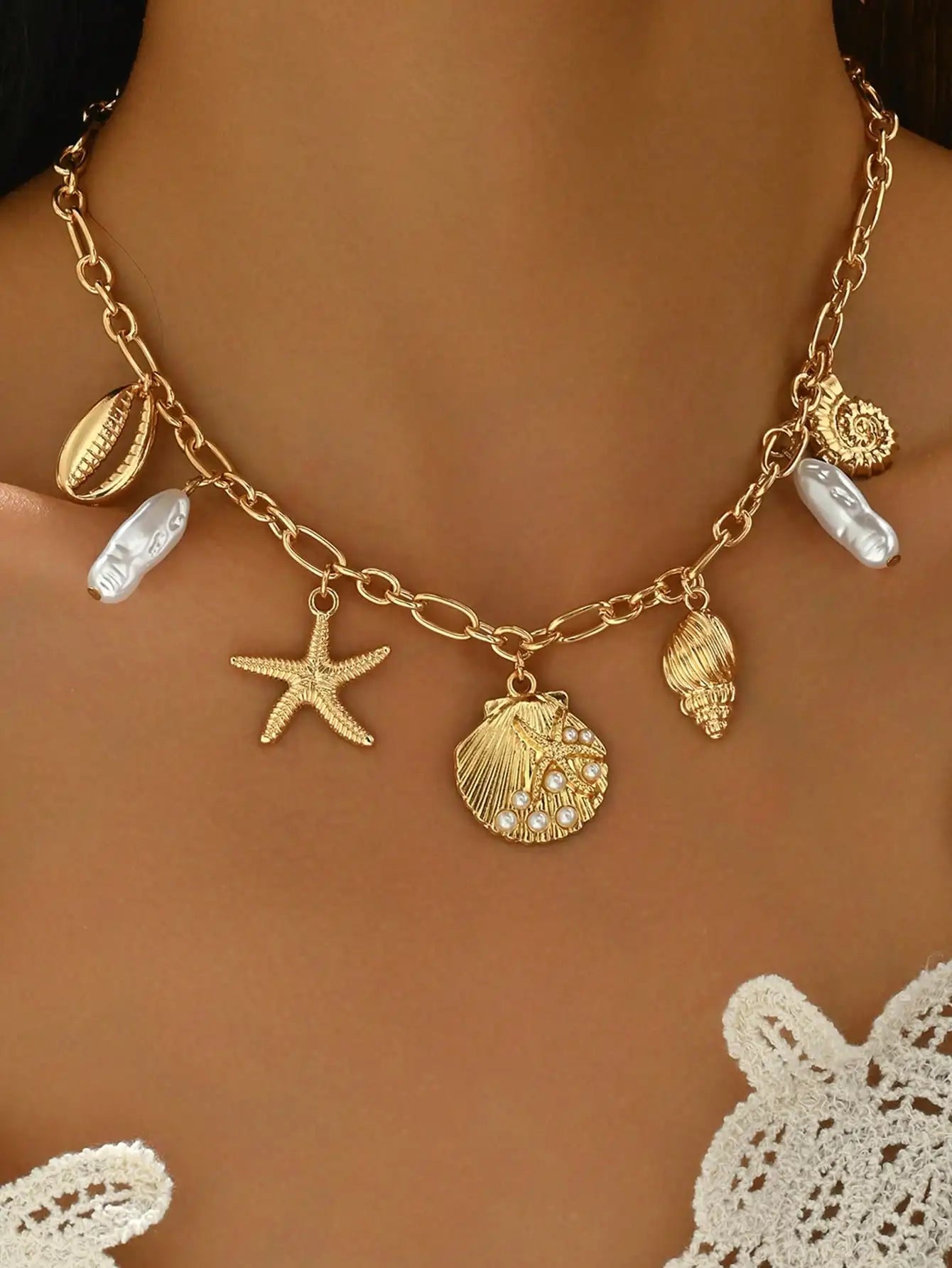 Gold Chain Necklace with Starfish, Shell & Faux Pearl Charms for Women Summer Vacation Jewelry