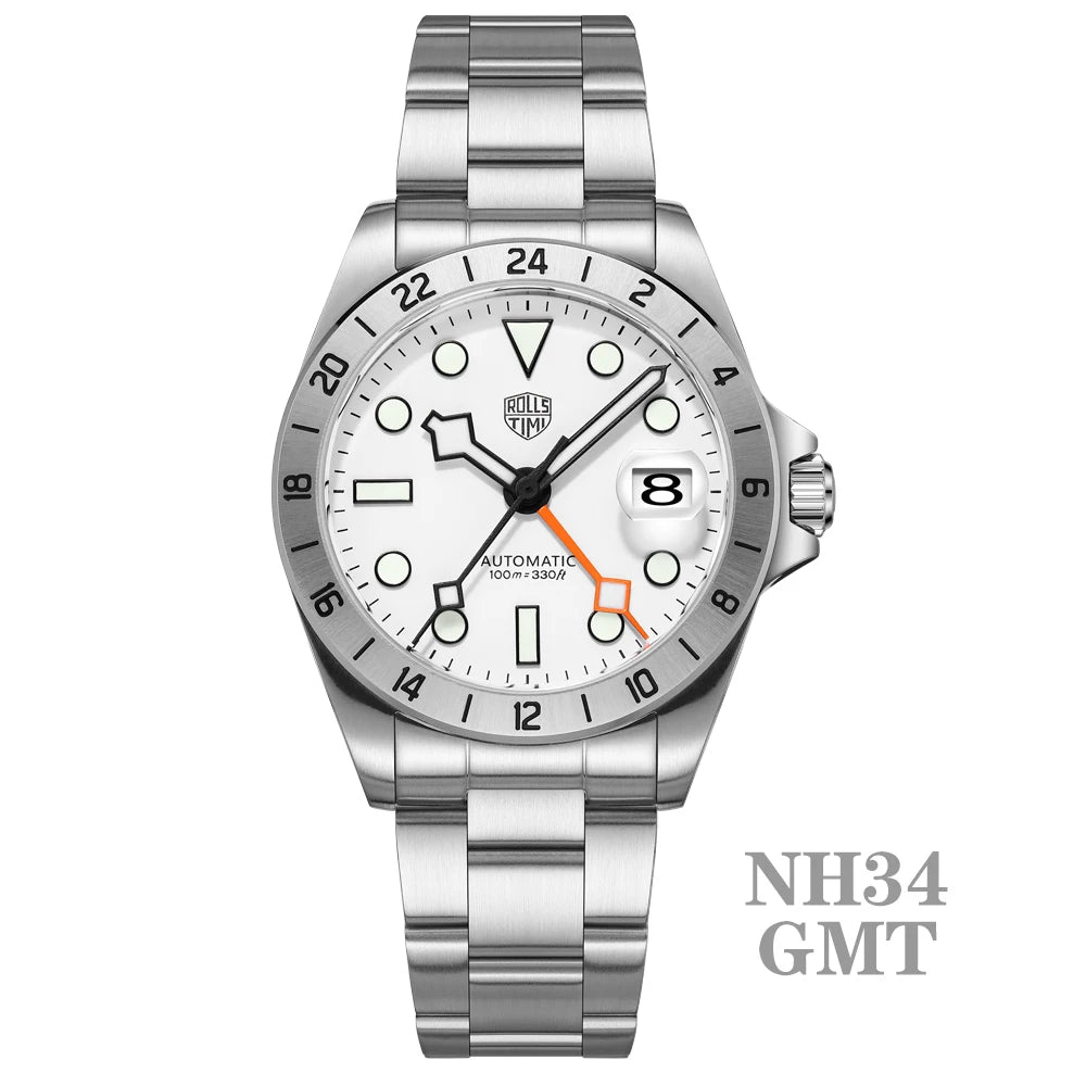 RollsTimi New luxury Automatic Mens Watch GMT NH34 Stainless Steel Mechanical Waterproof Wrist Watch for Men Sapphire Dial Watch