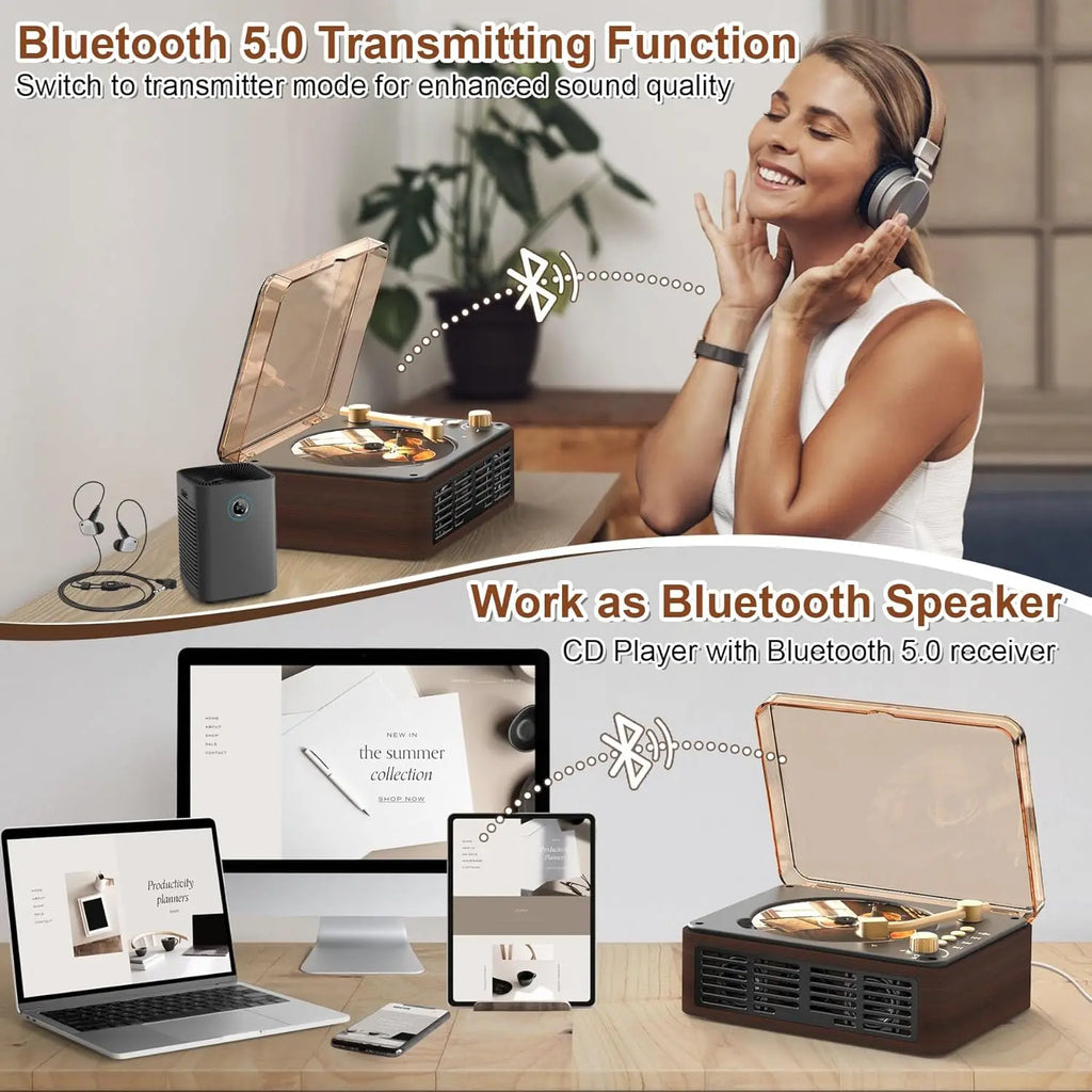 Portable CD Player with Bluetooth, Dual Speakers, FM Radio, Remote Control - Brown