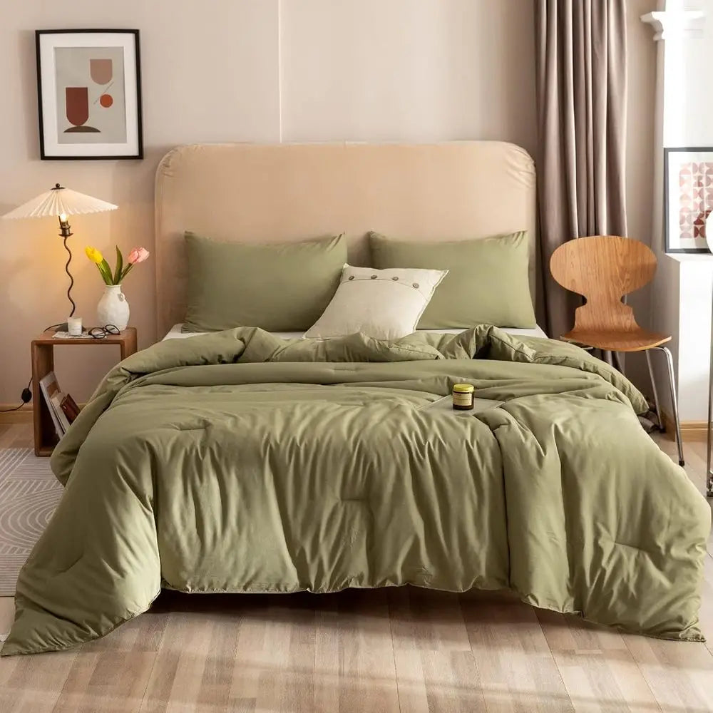 Olive Green Super King Plus Bedding Set: Oversized Comforter & 2 Pillowcases