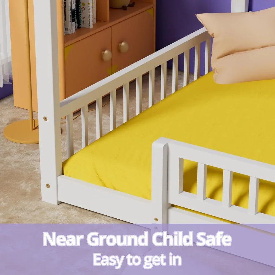 Twin House Bed with Fence Wooden Montessori Bed with Slats Support Floor Bed Frame for Boys Girls Bedroom White