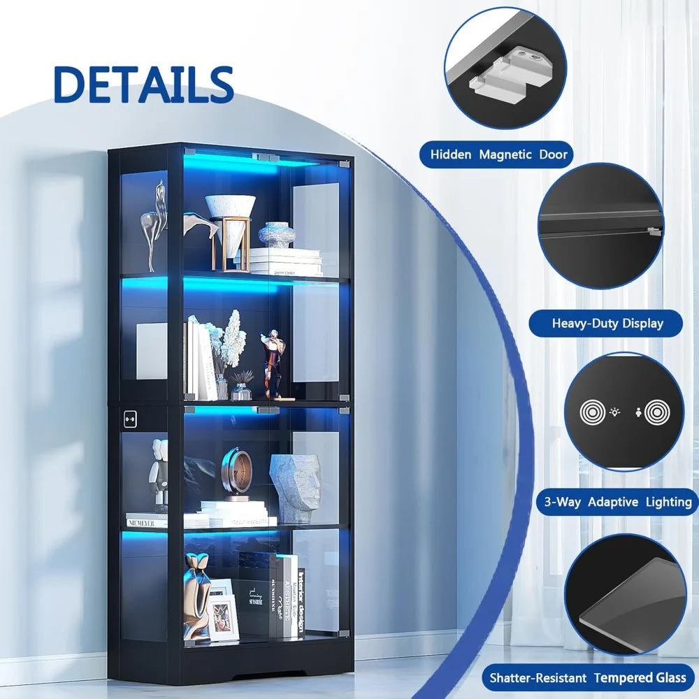 Illuminated 4-Tier Glass Display Cabinet with Motion Sensor for Collectibles and Curio Storage