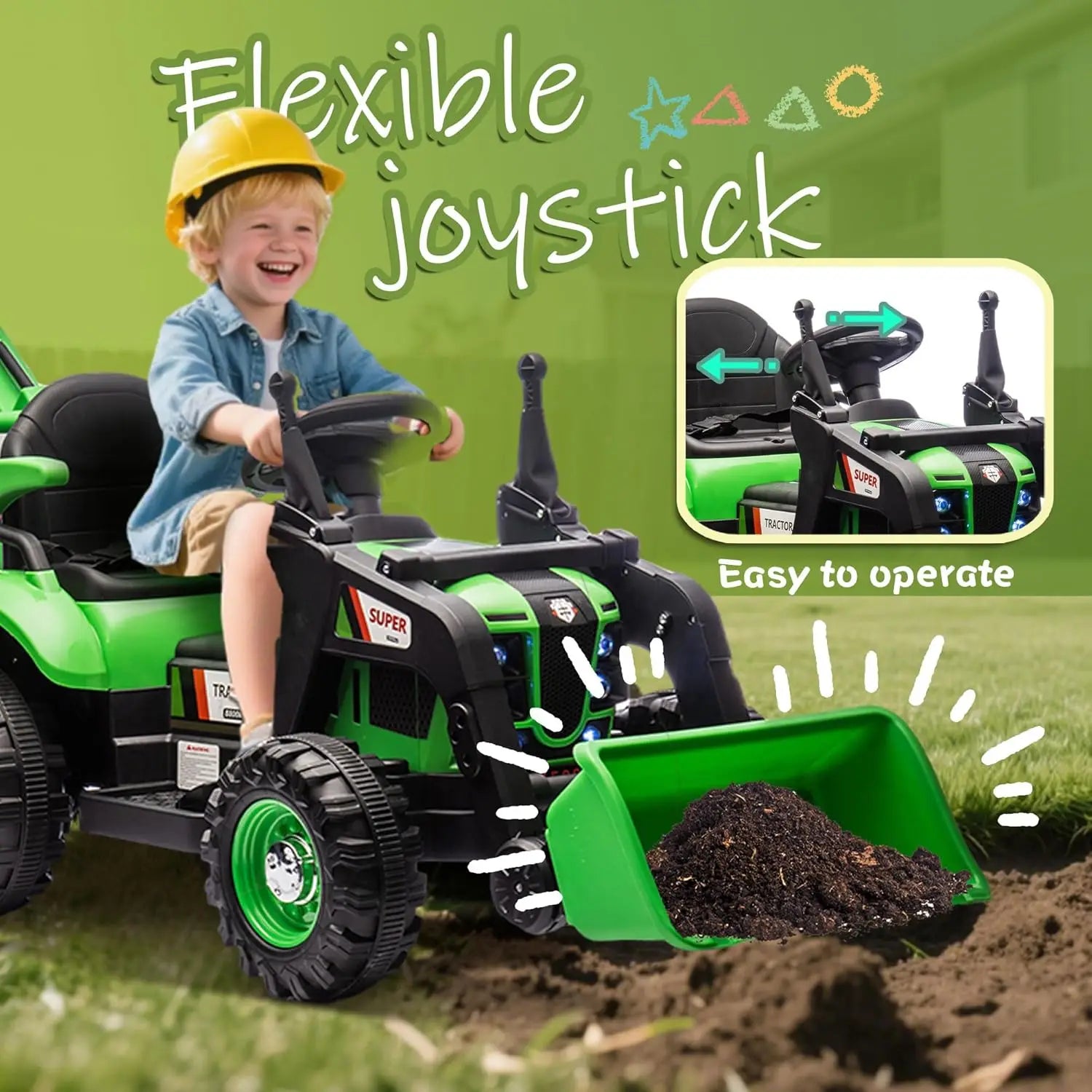 24V Ride On Tractor 4-in-1 Electric Car for Kids with Construction Attachments Remote Control, Music, LED Light