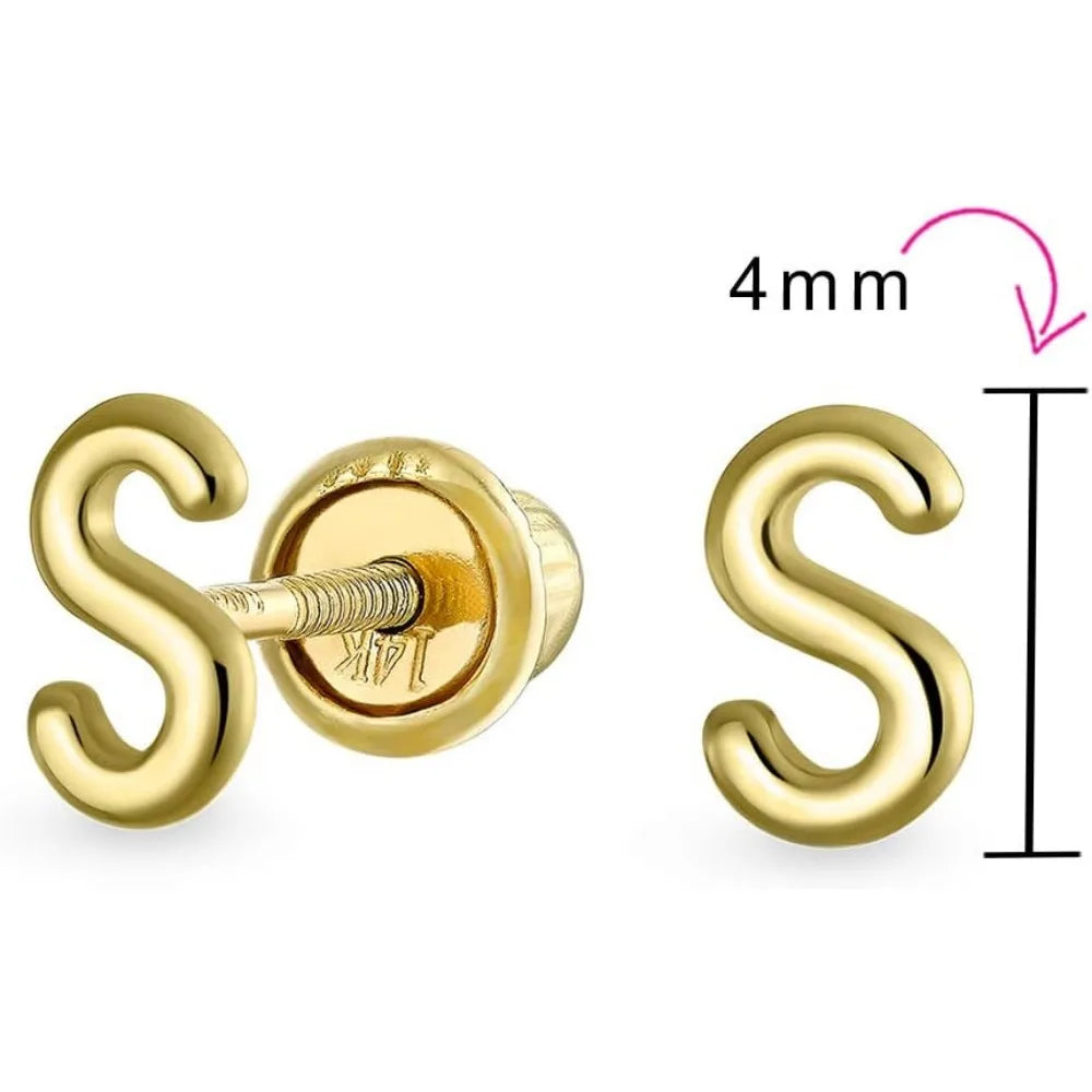 Minimalist Yellow 14K Gold Block Letter Initial Stud Earrings with Safety Ball Screw Back for Teens and Women