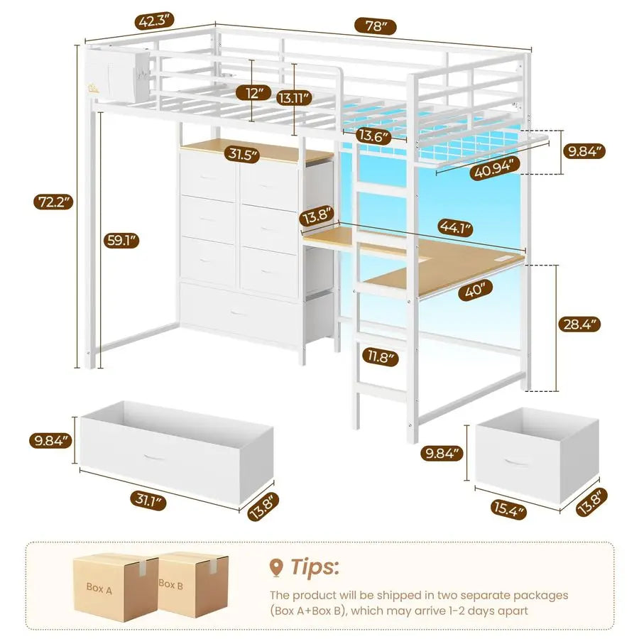 Twin Size Loft Bed with LShaped Desk and 7 Storage Drawers,Metal Twin Loft Bed for Kids with LED Lights and Charging Station,13.