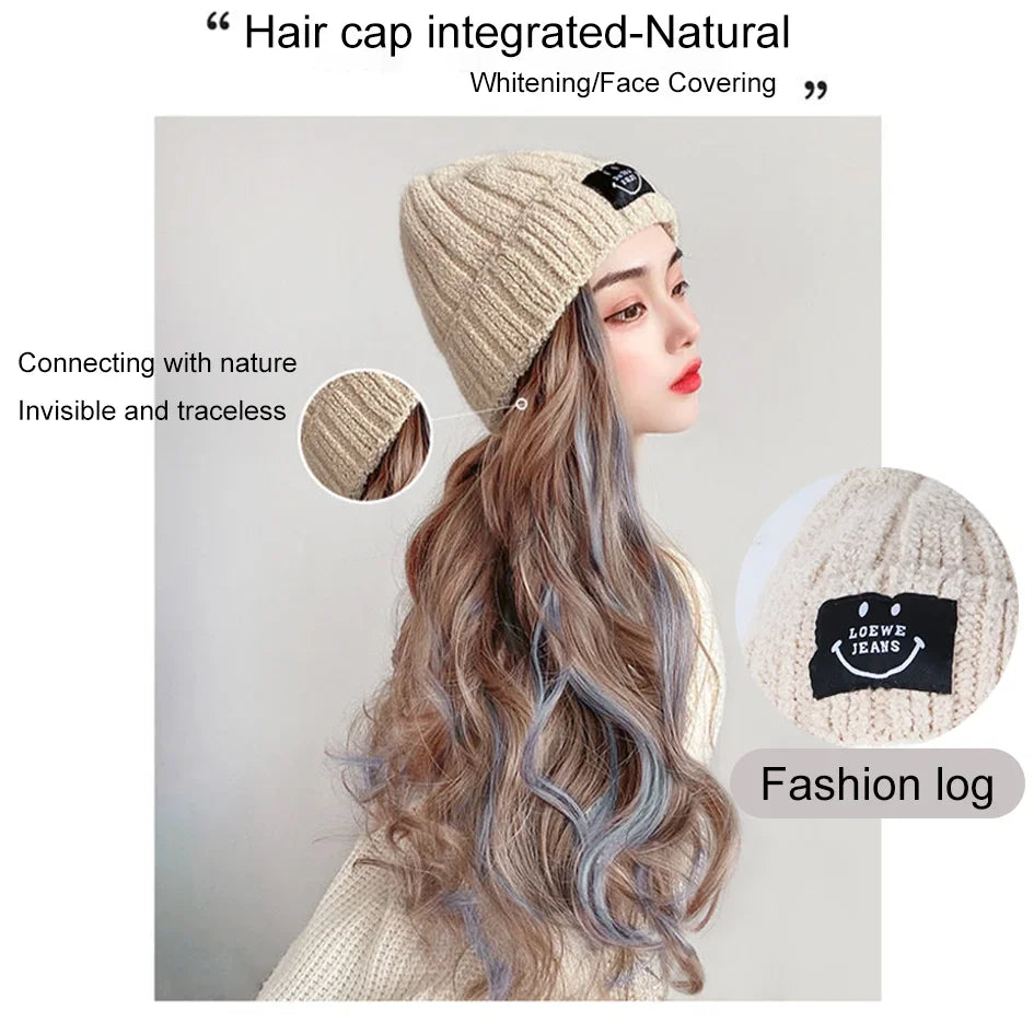 Synthetic 18 inch knitted hat with long curly hair hat wig, wavy wig, winter wig, beige/blue/coffee knitted hat Christmas outfit